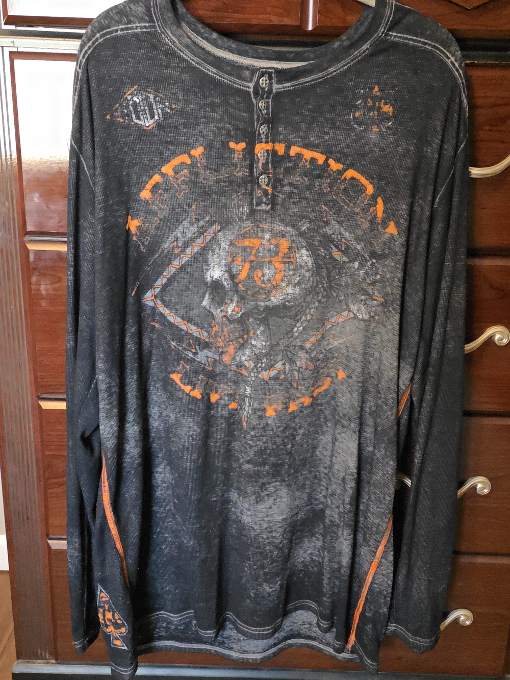 Affliction Black Long-Sleeve with Orange Skull Graphic 3xl